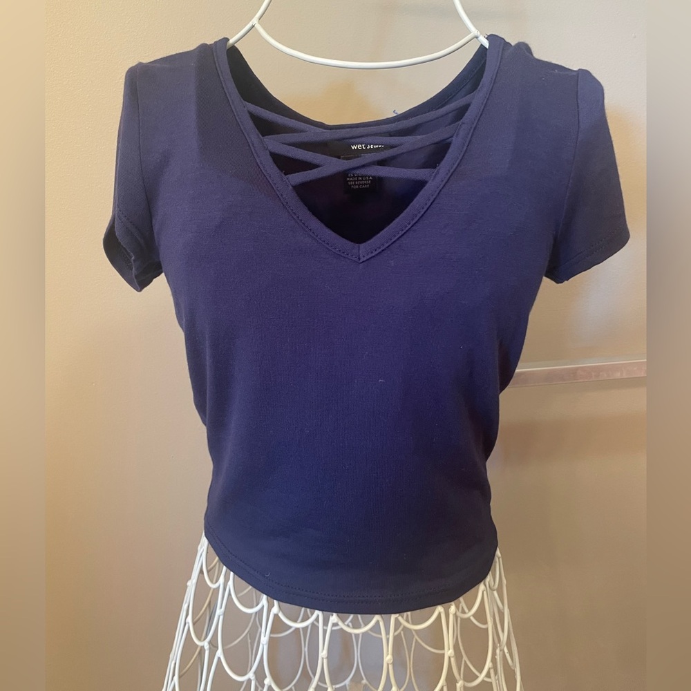 Wet Seal Cropped Criss Cross Front Short-Sleeve Top, Size XS, Navy Blue
